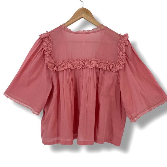 Free People Luna Top Mauve Glow Pink Lace Boho Peasant Shirt Women's Size Large - Picture 3 of 9